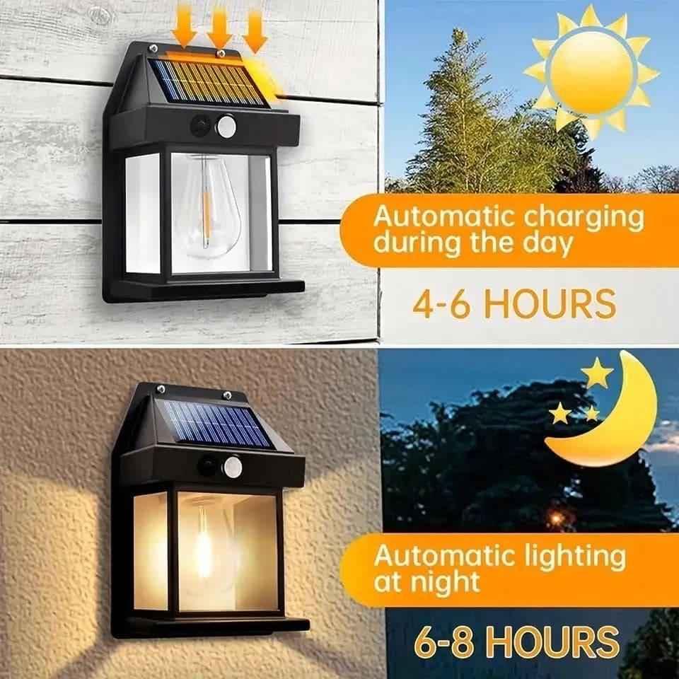 Solar Outdoor Motion Sensor Light - Waterproof Wireless Dusk-to-Dawn Lantern with Tungsten Filament for Gardens and Villas, Sun-Powered Induction
