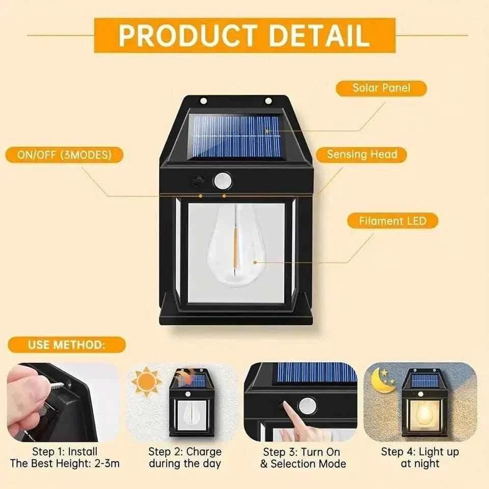 Solar Outdoor Motion Sensor Light - Waterproof Wireless Dusk-to-Dawn Lantern with Tungsten Filament for Gardens and Villas, Sun-Powered Induction