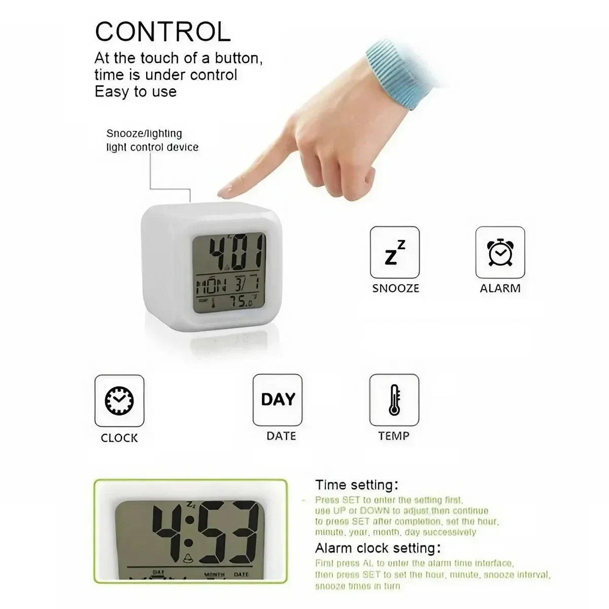 7 Color LED Alarm Clock with Snooze Feature