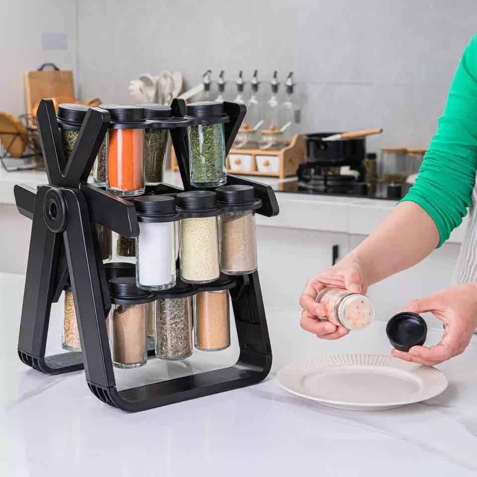18-Piece Spice Jar Set with Rotating Rack for Easy Access and Organization