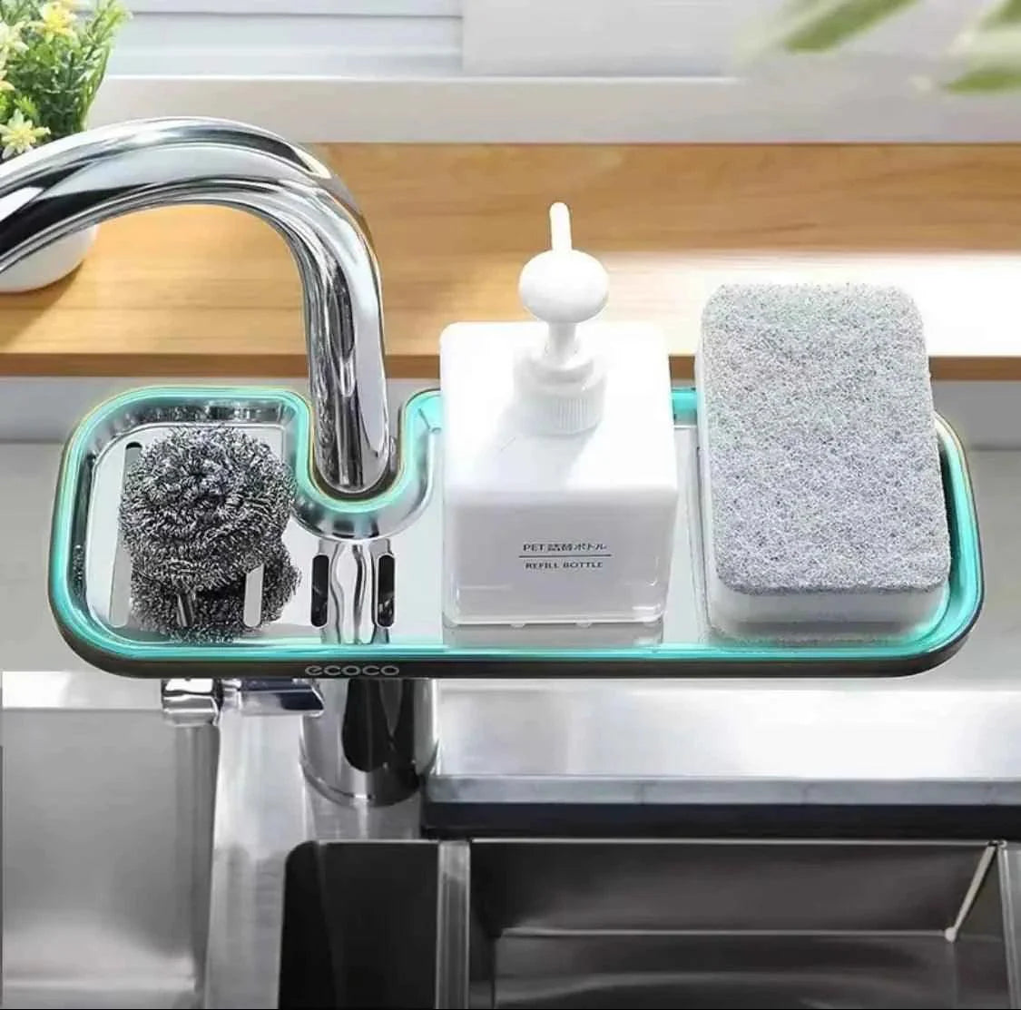 Stainless Steel Kitchen Rack - Faucet and Sponge Storage Shelf for Dish Cloths.