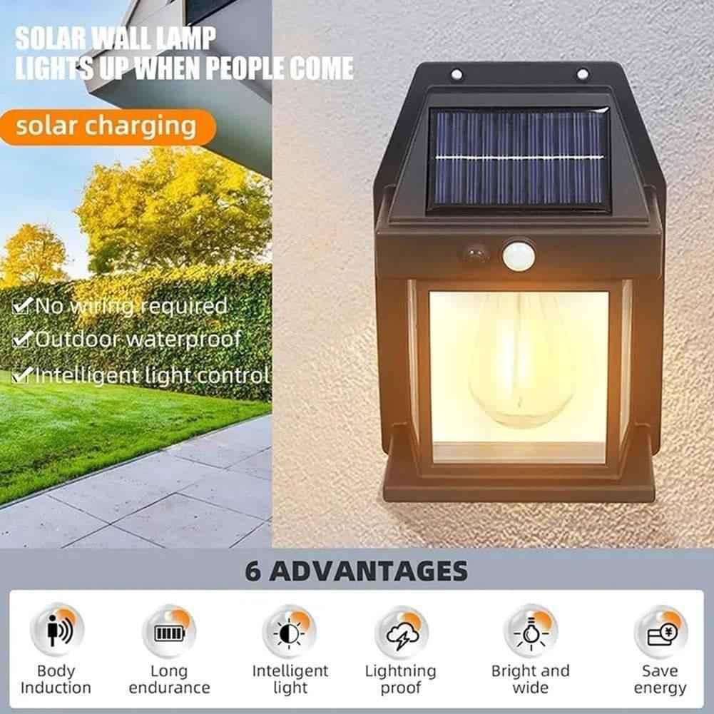 Solar Outdoor Motion Sensor Light - Waterproof Wireless Dusk-to-Dawn Lantern with Tungsten Filament for Gardens and Villas, Sun-Powered Induction