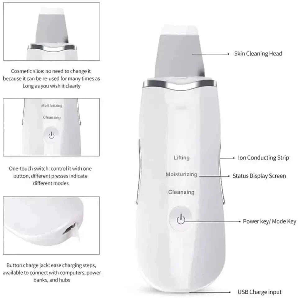 Ultrasonic Skin Scrubber for Deep Cleansing, Blackhead Extraction, and Facial Massaging - Exfoliator and Vibrating Face Cleaner with Ultrasonic Peeling