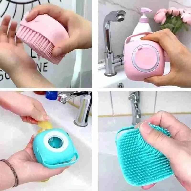 Square Silicone Baby Bath Brush - Soft Massage Cleaner with Dispenser.