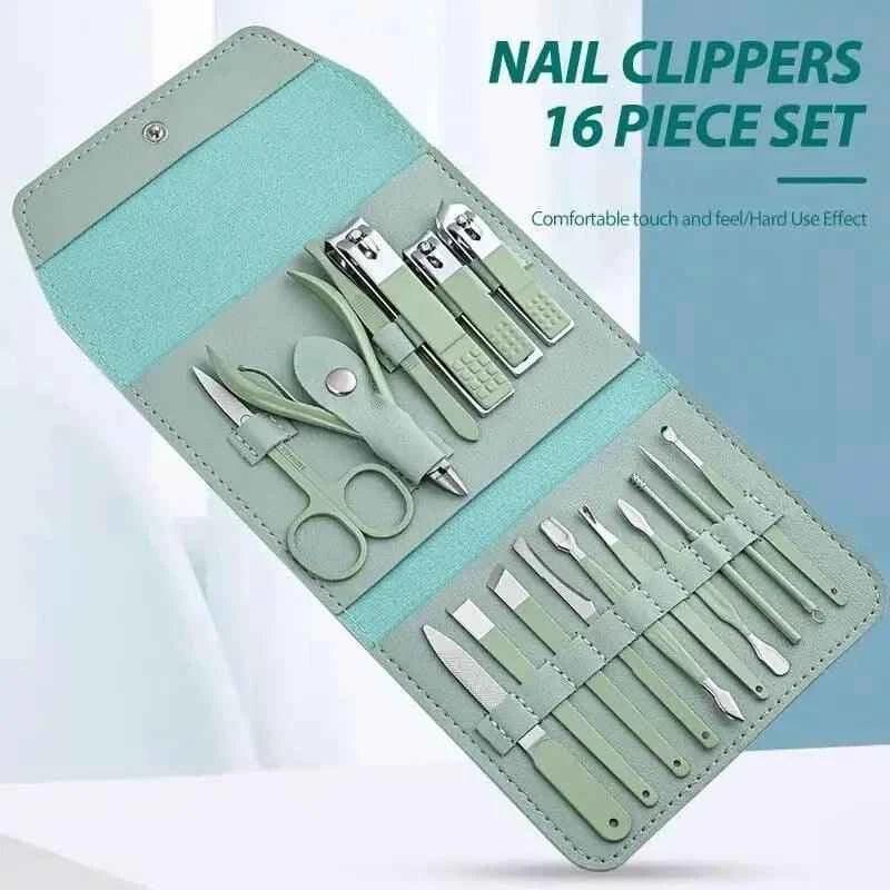 16-Piece Stainless Steel Nail Care Kit with Foldable Case for Manicure and Pedicure