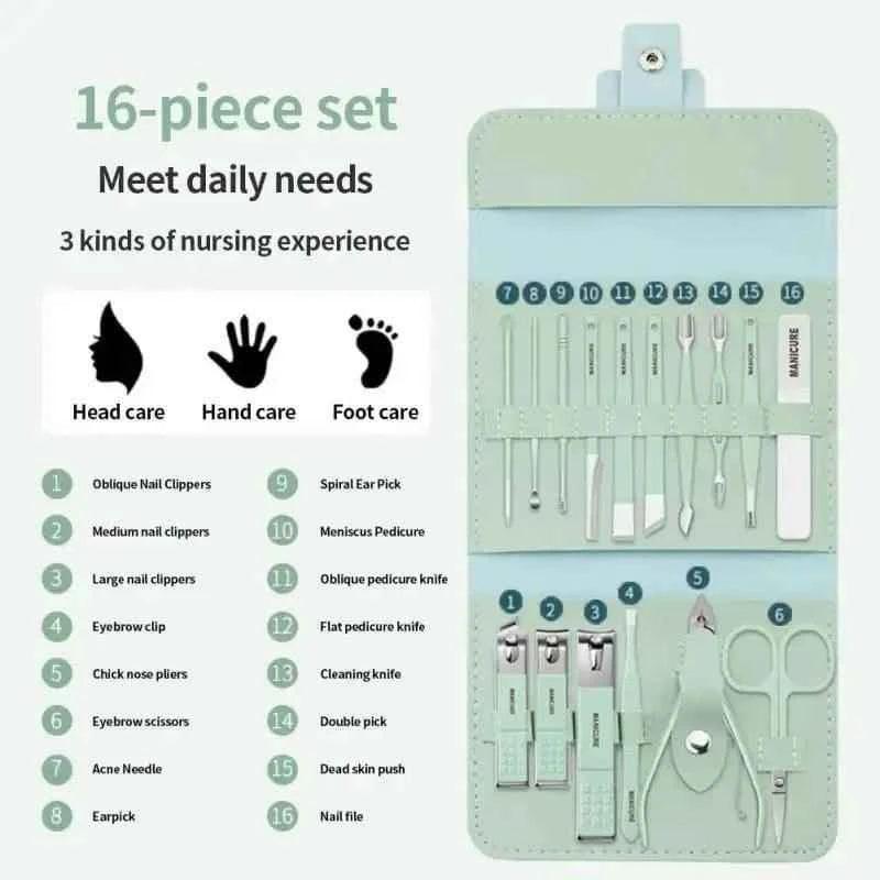 16-Piece Stainless Steel Nail Care Kit with Foldable Case for Manicure and Pedicure