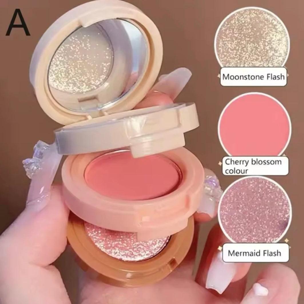 3-in-1 Blush Highlighter Set - Cutest Hudamoji Mini Blush & Highlighter with Pearly Finish
