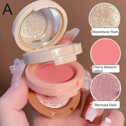 3-in-1 Blush Highlighter Set - Cutest Hudamoji Mini Blush & Highlighter with Pearly Finish