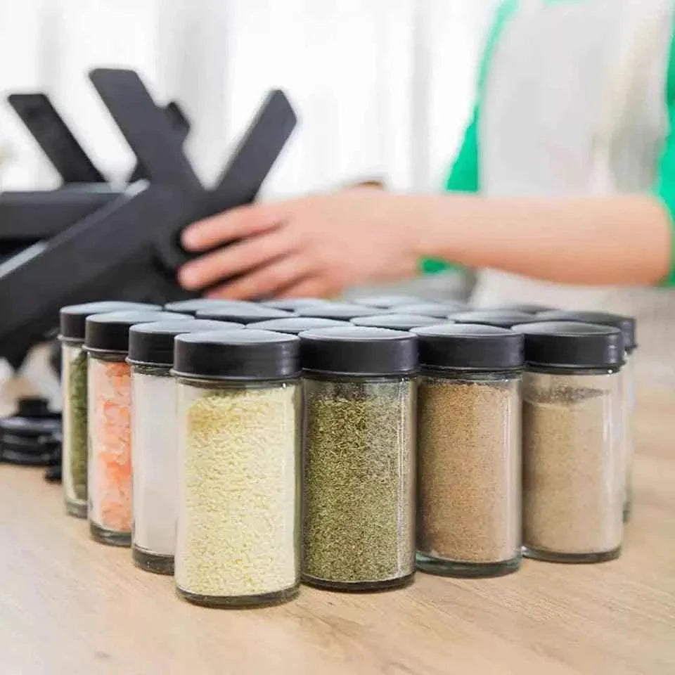 18-Piece Spice Jar Set with Rotating Rack for Easy Access and Organization