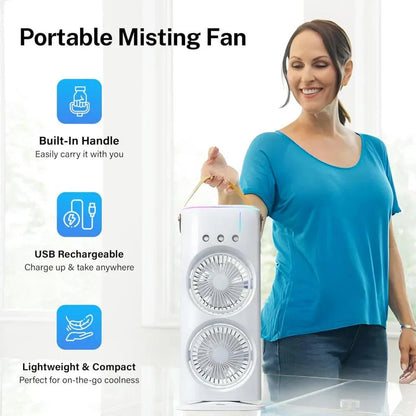 Rechargeable Mist Fan - Dual Spray with Automatic Rotation and Lighting Effects