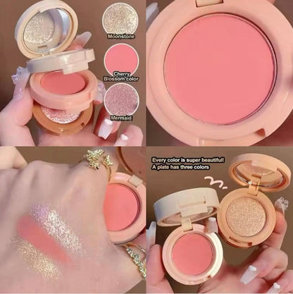 3-in-1 Blush Highlighter Set - Cutest Hudamoji Mini Blush & Highlighter with Pearly Finish
