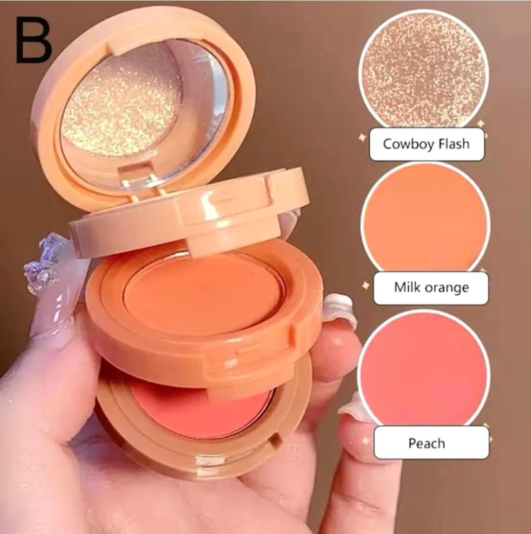 3-in-1 Blush Highlighter Set - Cutest Hudamoji Mini Blush & Highlighter with Pearly Finish