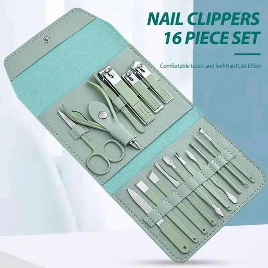 16-Piece Stainless Steel Nail Care Kit with Foldable Case for Manicure and Pedicure