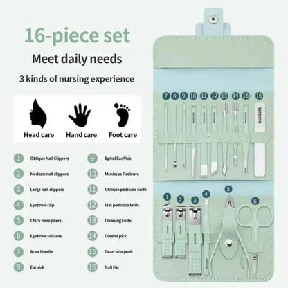 16-Piece Stainless Steel Nail Care Kit with Foldable Case for Manicure and Pedicure