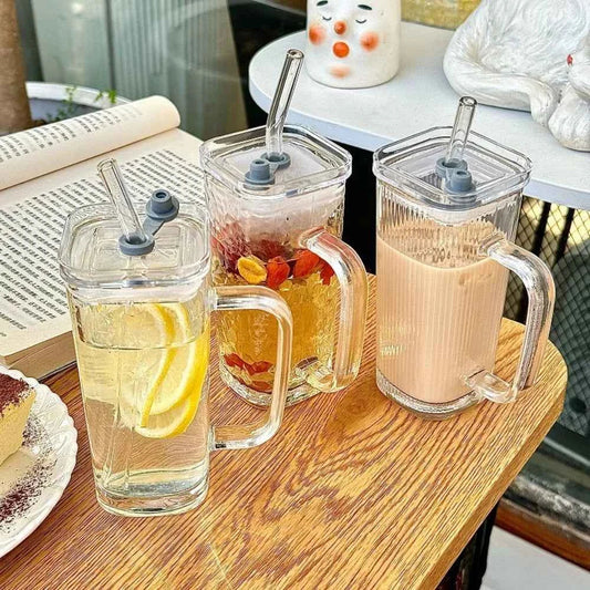 Stylish Square Glass Mug with Straw